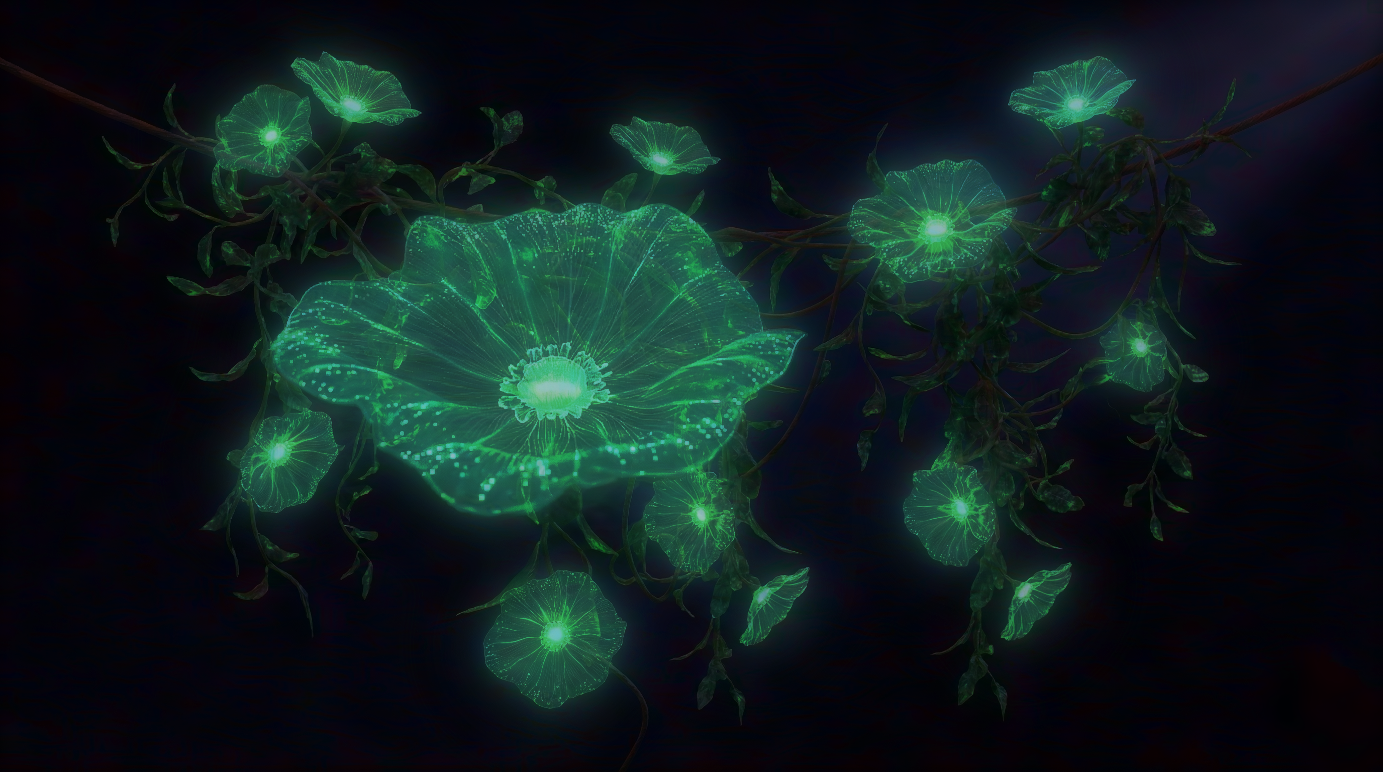 Glowing green flower-like shapes against a dark background