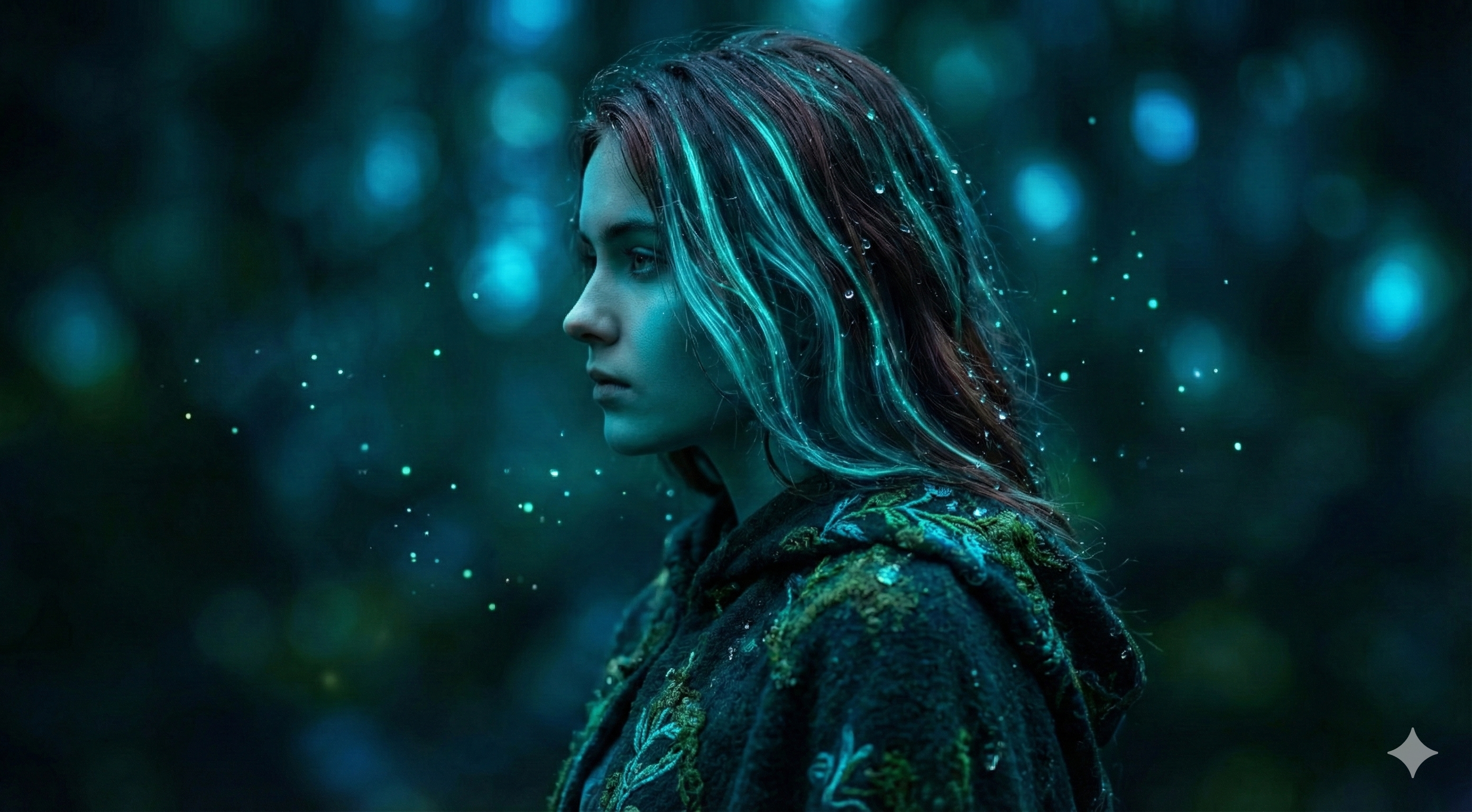 Woman with glowing hair standing in a mystical forest